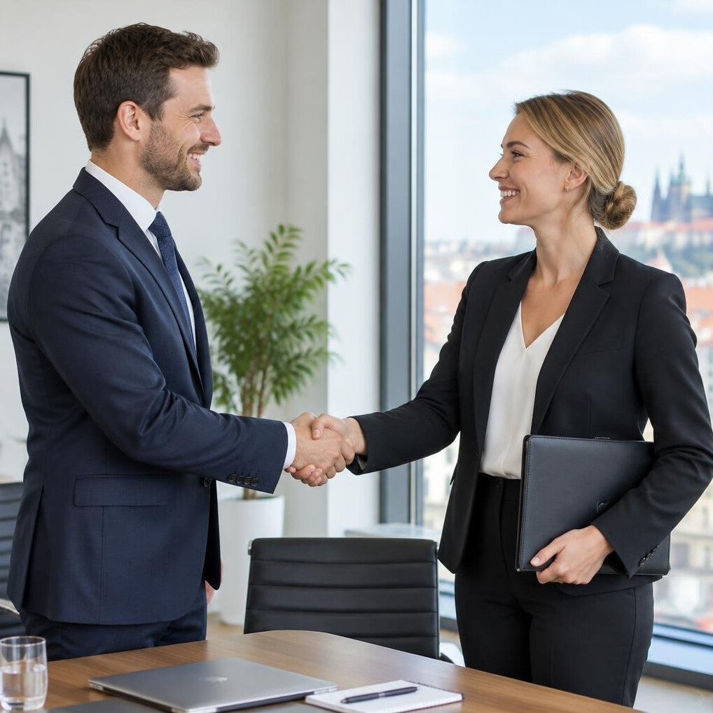 Two colleagues shaking hands after a successful collaboration meeting