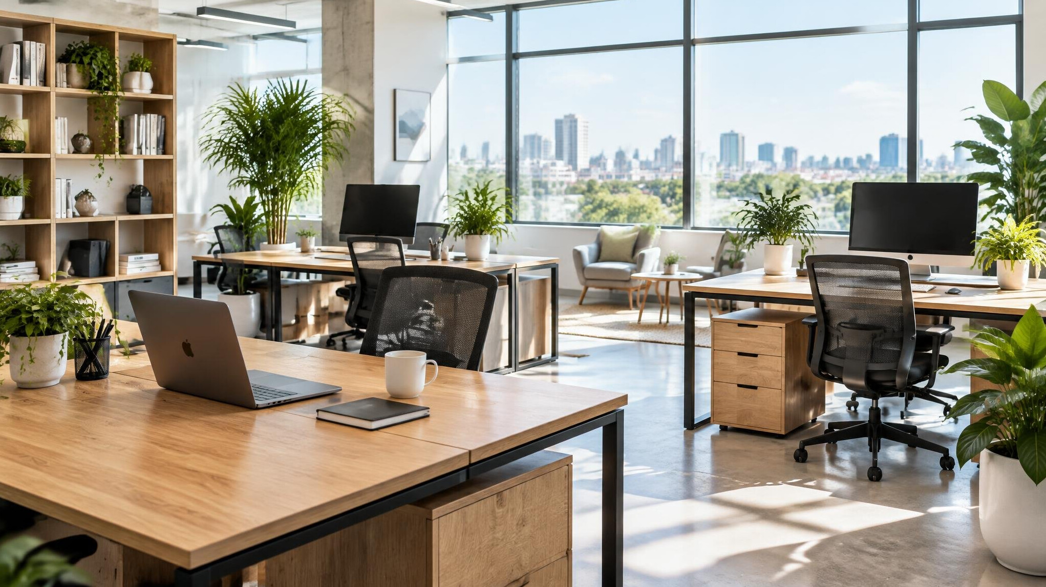 Bright modern office workspace with desks near large windows