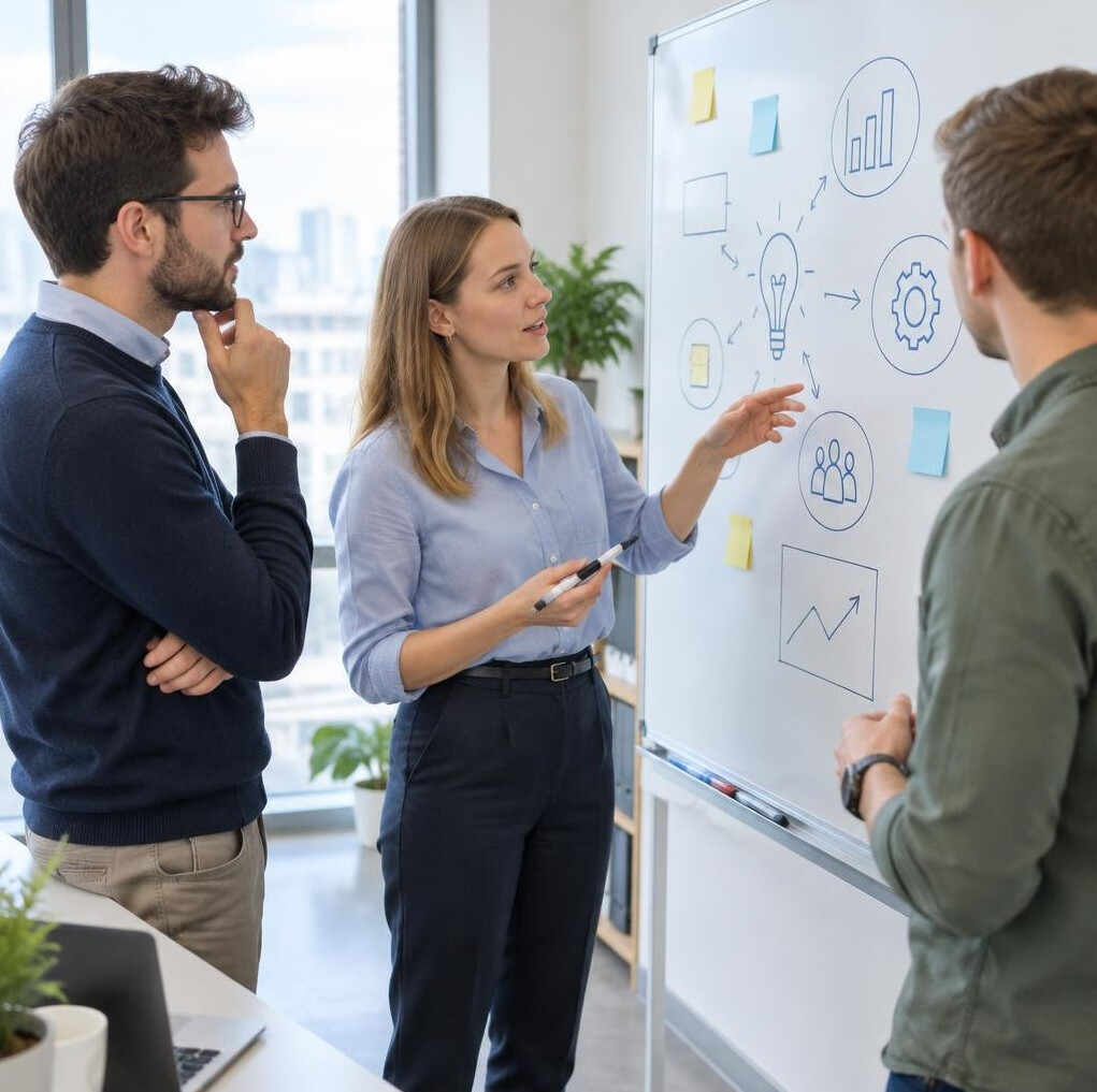 Team of colleagues brainstorming at a whiteboard in an office