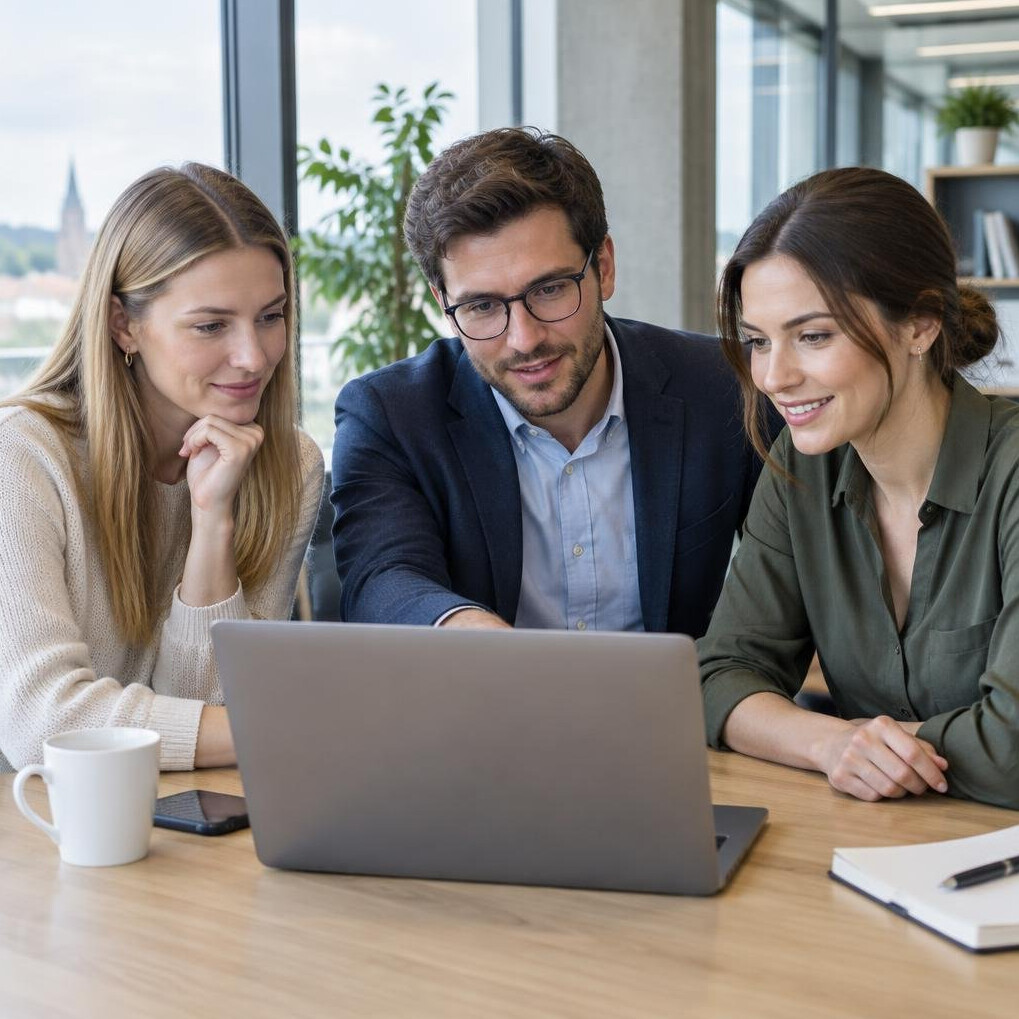 Small team meeting around a laptop in a modern office