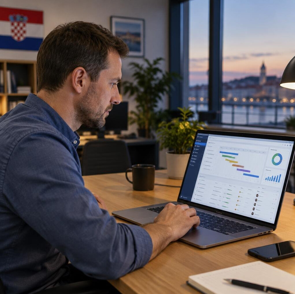 Croatian man working on a laptop analyzing a project dashboard in an office