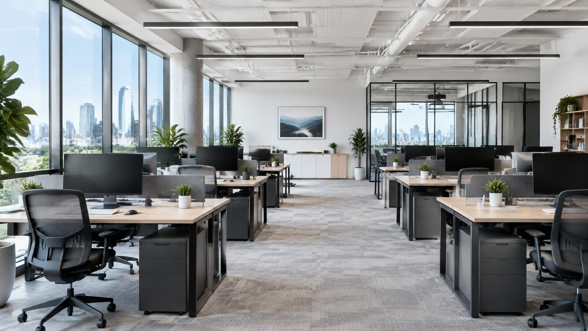 Modern empty office interior with desks and monitors