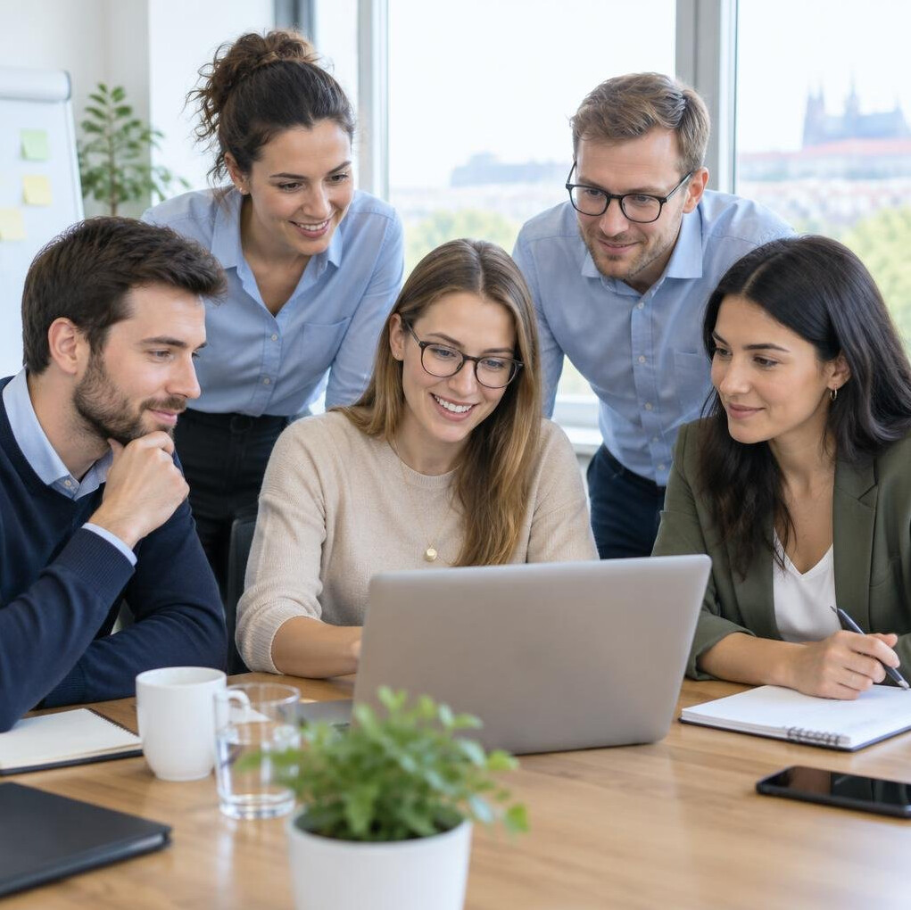 Diverse team of corporate colleagues collaborating around a laptop in a meeting room
